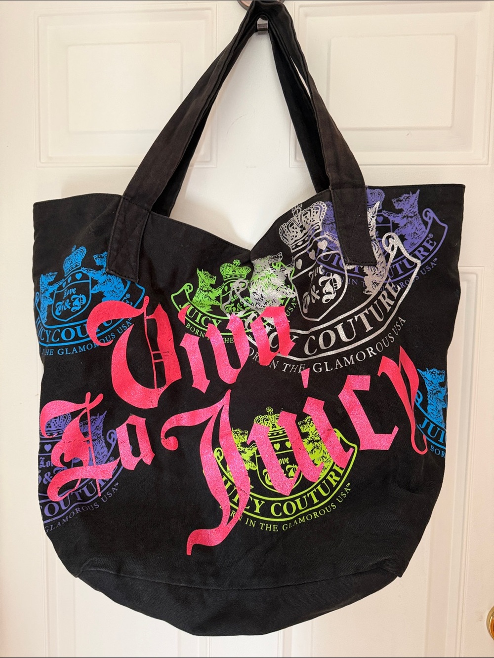 Juicy Couture Black Canvas Tote Bag with Neon Glittery Lettering.